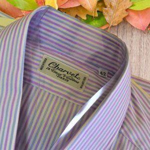 $695 Charvet Paris 16.5 / 42 Men's White Blue Long Sleeve Dress Shirt Large
